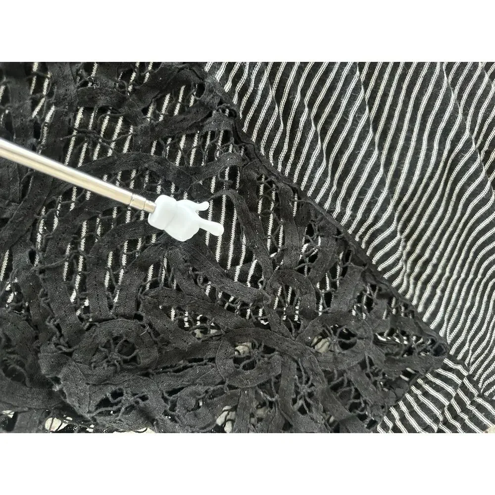 Free People Black White Striped Knit Lace Trim Scoop Neck Dolman Tunic L
